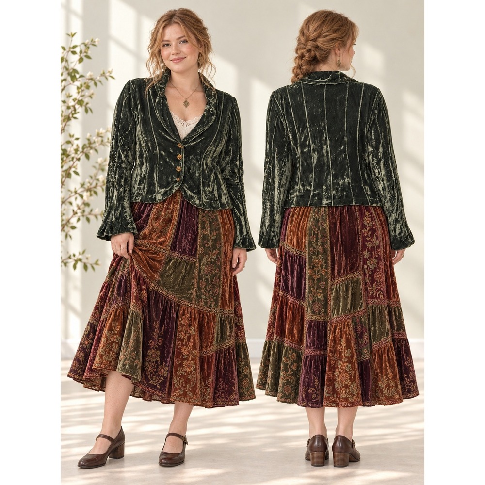 Boho Cottagecore Fairycore Dark Olive Green Crushed Velvet Textured L Jacket
